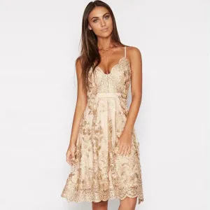 A-line V-neck Flower Print Spaghetti Straps Knee-length Lace Dress