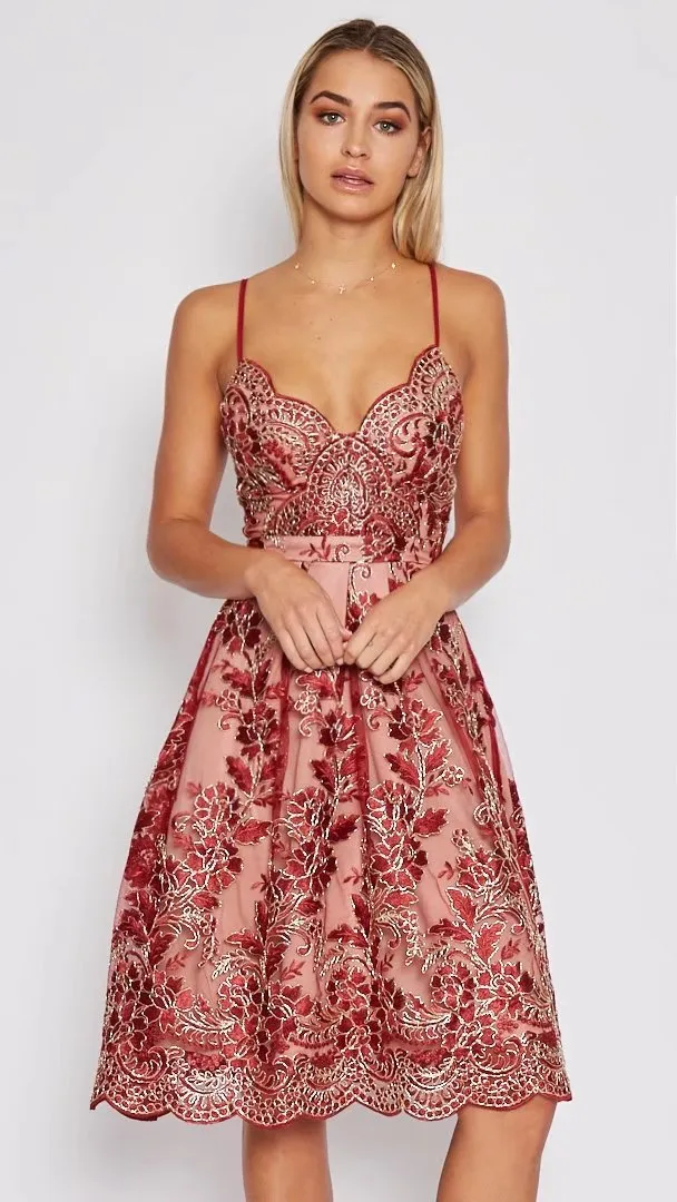 A-line V-neck Flower Print Spaghetti Straps Knee-length Lace Dress