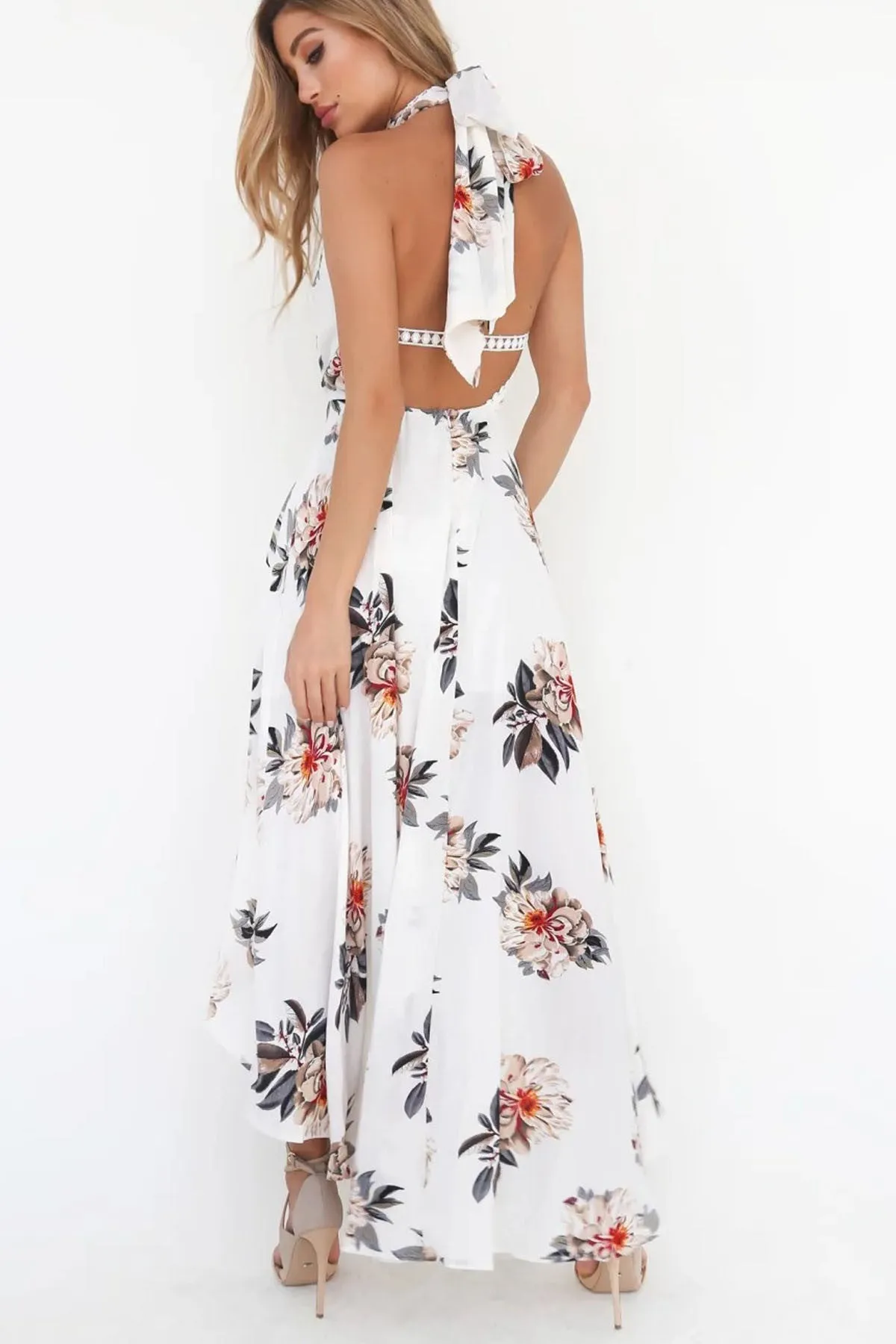 Bear Shoulder High Neck Open Front Irregular Print Dress