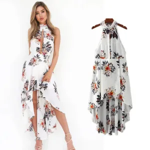 Bear Shoulder High Neck Open Front Irregular Print Dress
