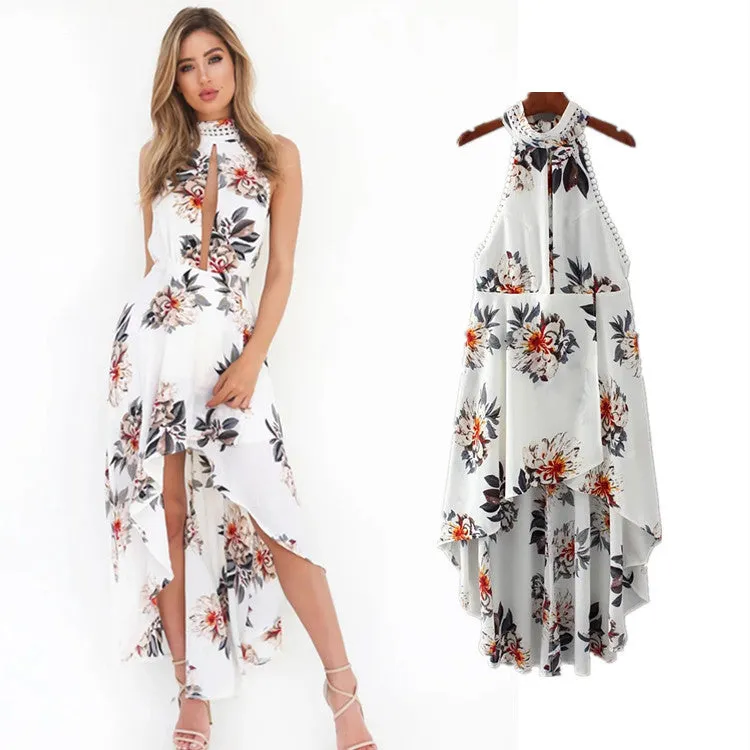 Bear Shoulder High Neck Open Front Irregular Print Dress