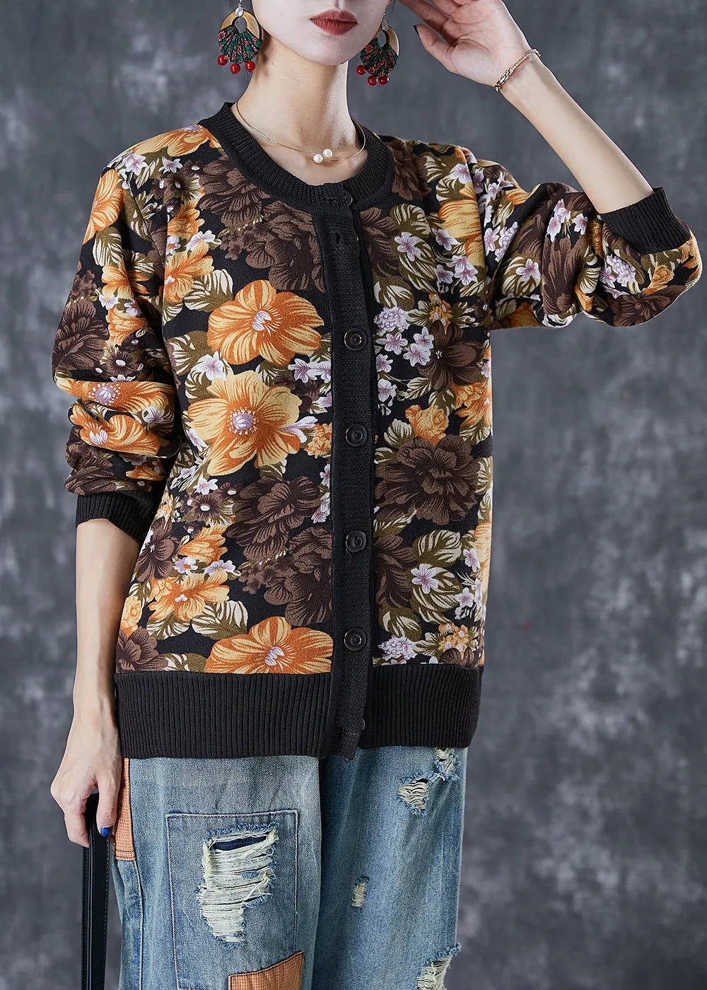 Black Print Warm Knit Sweaters Button Down Winter ML1854