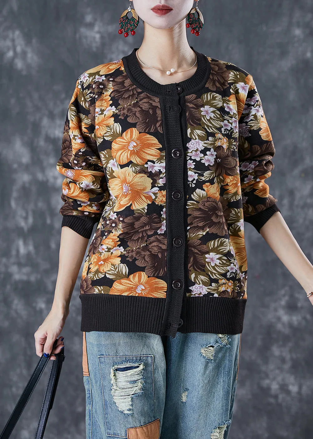Black Print Warm Knit Sweaters Button Down Winter ML1854