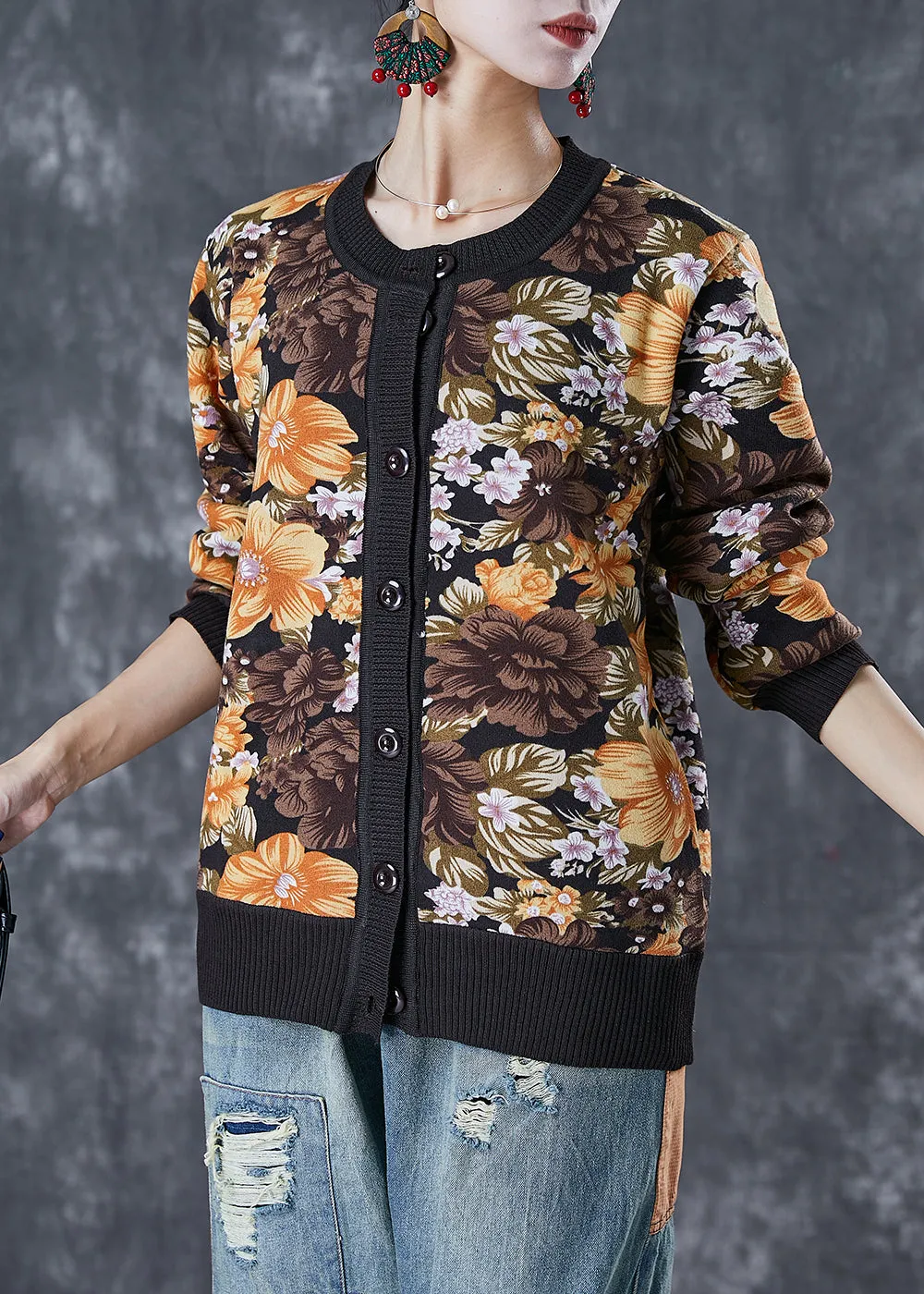 Black Print Warm Knit Sweaters Button Down Winter ML1854