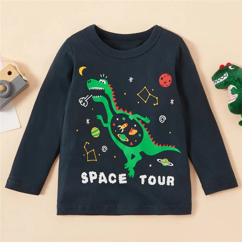Boys Solid Long Sleeve Dinosaur Print T-shirts