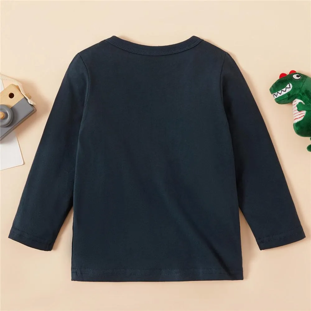 Boys Solid Long Sleeve Dinosaur Print T-shirts