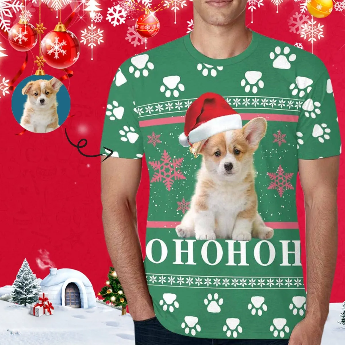 Custom Pet Photo Shirts Paw Print Christmas Men's All Over Print T-shirt Put Your Dog on A Shirt for Him