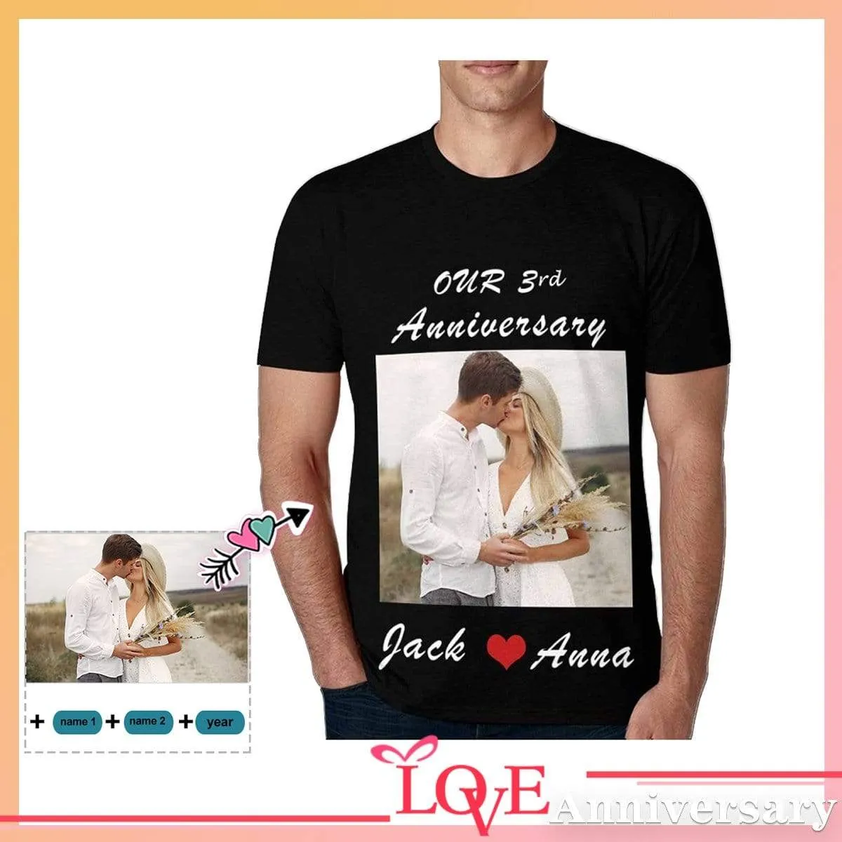 Custom Photo&Name&Year Tee Anniversary Loving Couple Gift Customised Men's All Over Print T-shirt
