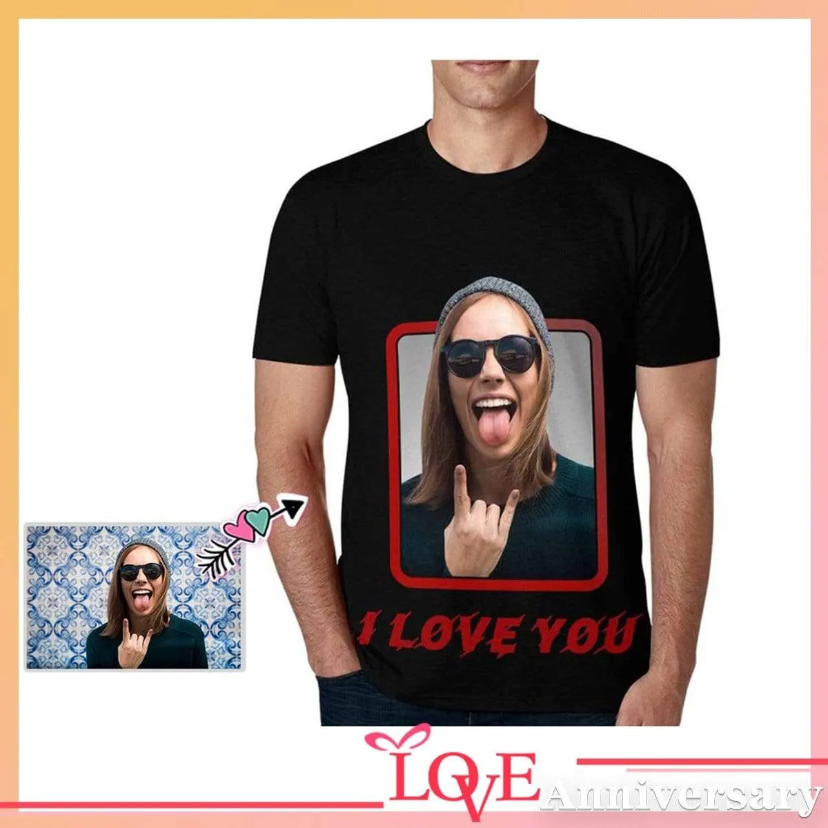 Custom Tee shirt with Picture I Love You Posture Men's All Over Print T-shirt with Personalized Pictures
