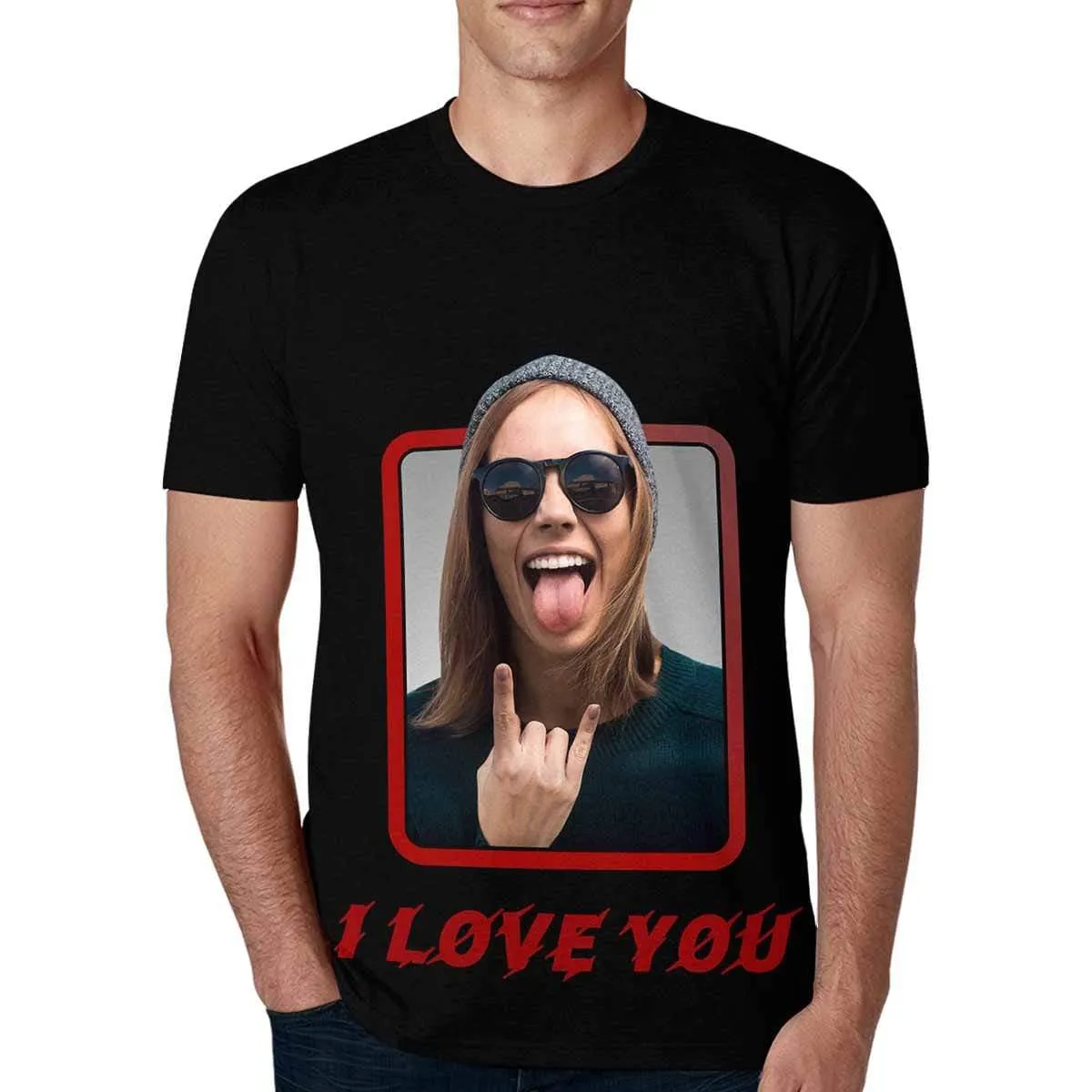 Custom Tee shirt with Picture I Love You Posture Men's All Over Print T-shirt with Personalized Pictures