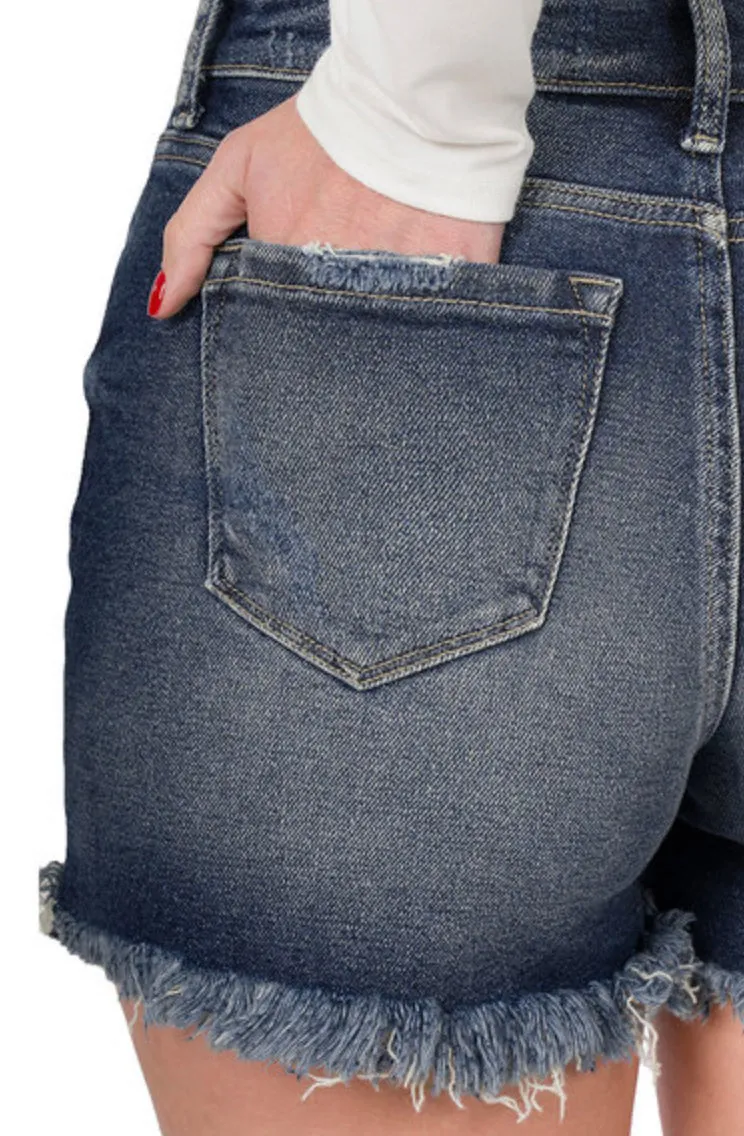 Dark Wash Jean Shorts with Frayed Hem