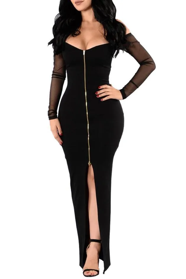 Deep V-neck Mesh Patchwork Split Irregular Long Dress
