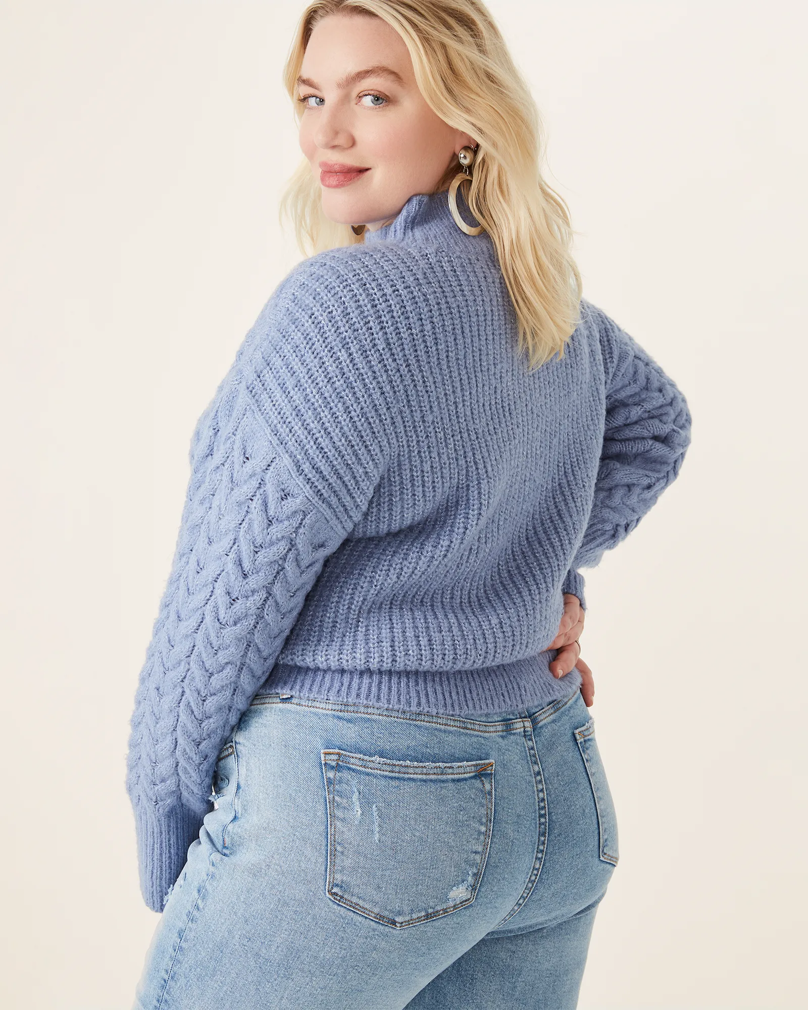 Dominique Cable-Knit Mock-Neck Sweater | Light Blue / Navy