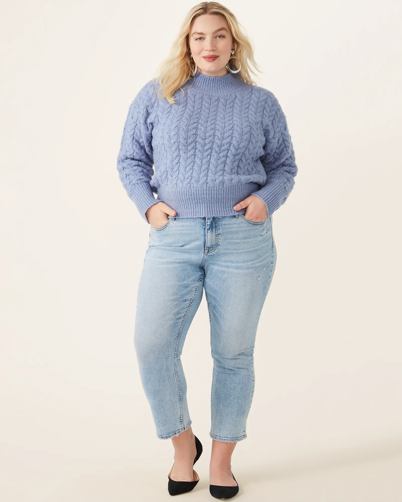 Dominique Cable-Knit Mock-Neck Sweater | Light Blue / Navy