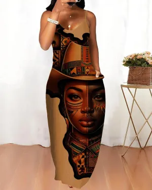 Fashionable And Simple Western Portrait Print Cami Dress