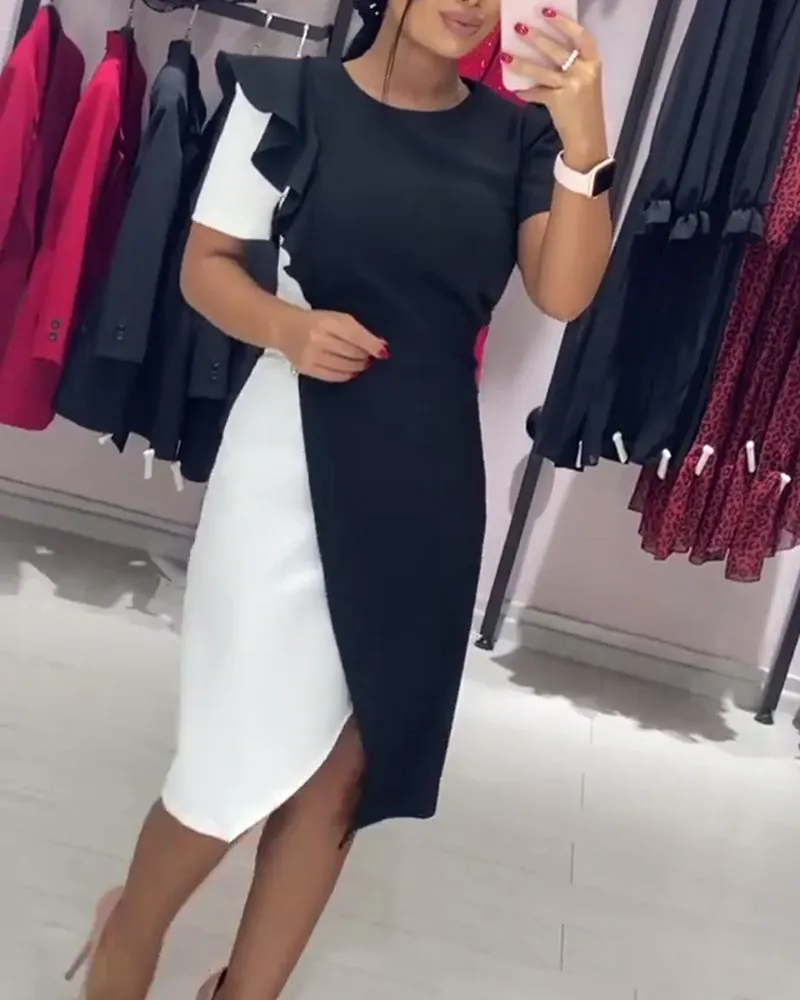 Fashionable color block slit ruffle dress