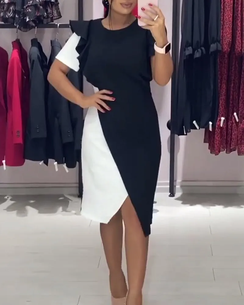 Fashionable color block slit ruffle dress