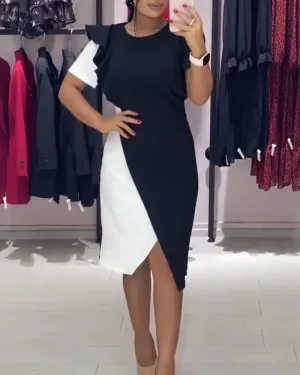 Fashionable color block slit ruffle dress