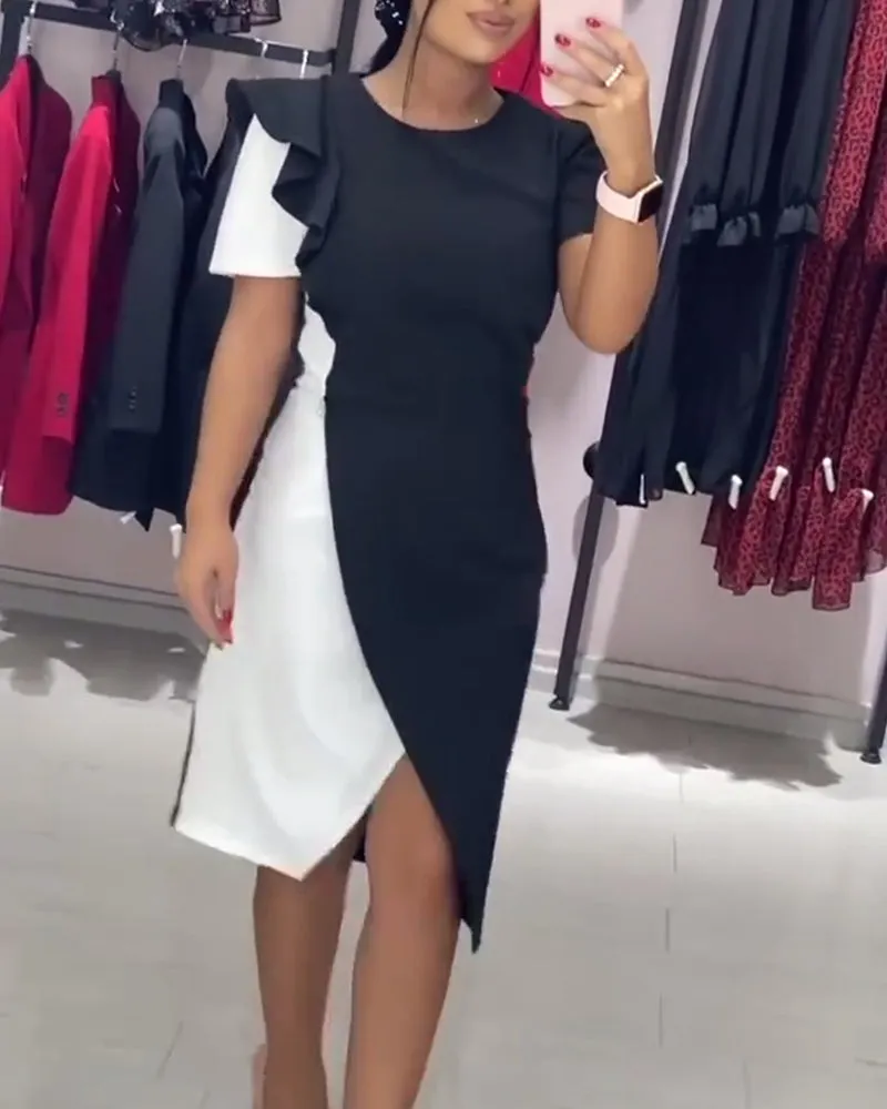 Fashionable color block slit ruffle dress