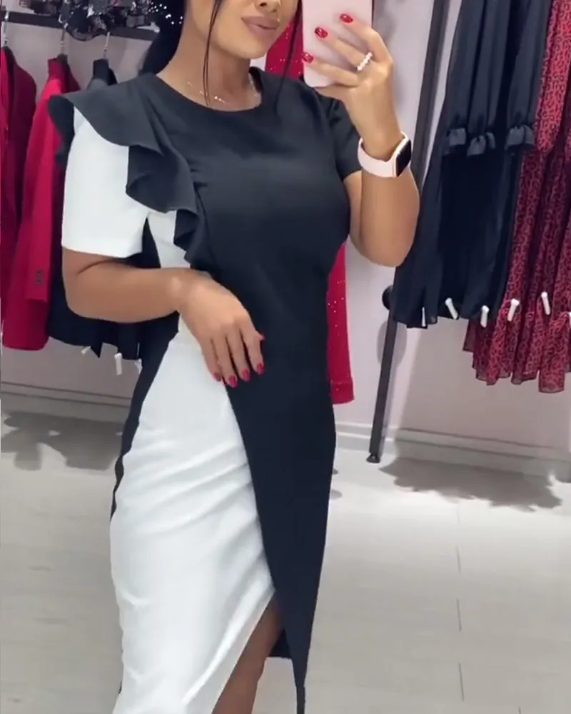 Fashionable color block slit ruffle dress