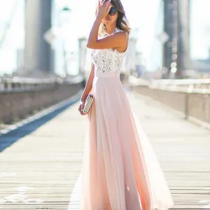 Fashionable Lace Splicing O-neck Sleeveless Long Dress
