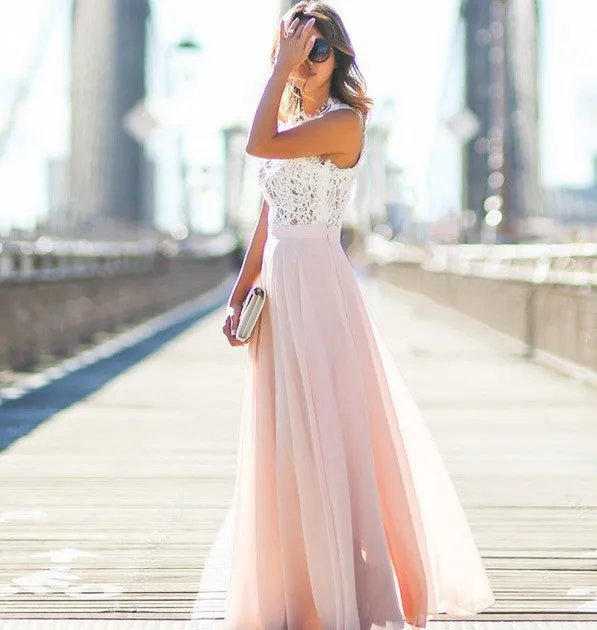 Fashionable Lace Splicing O-neck Sleeveless Long Dress