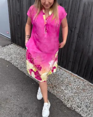 Fashionable leaf print pocket short sleeve dress