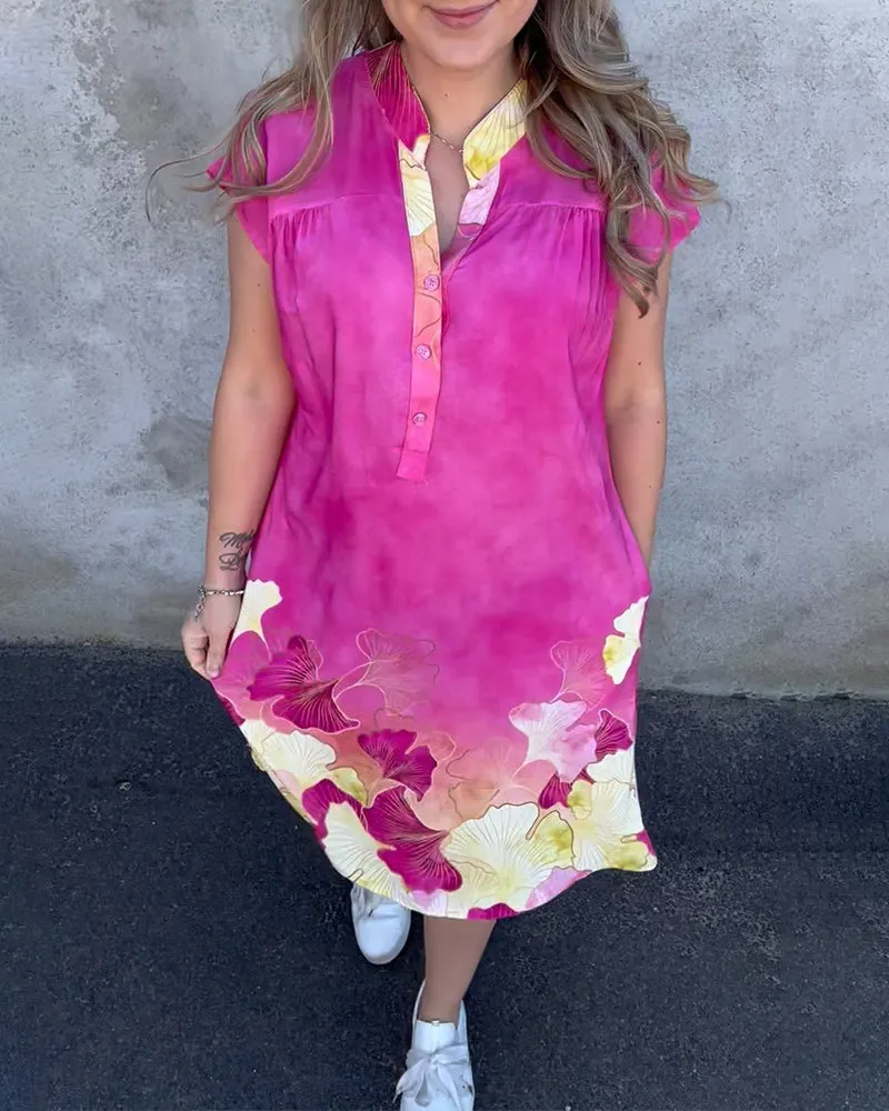 Fashionable leaf print pocket short sleeve dress