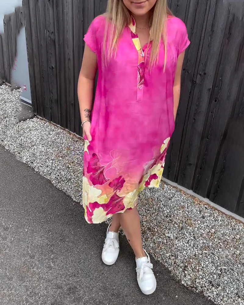 Fashionable leaf print pocket short sleeve dress