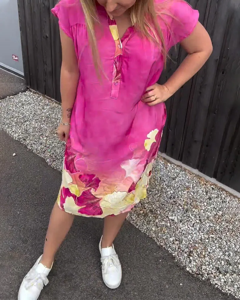 Fashionable leaf print pocket short sleeve dress