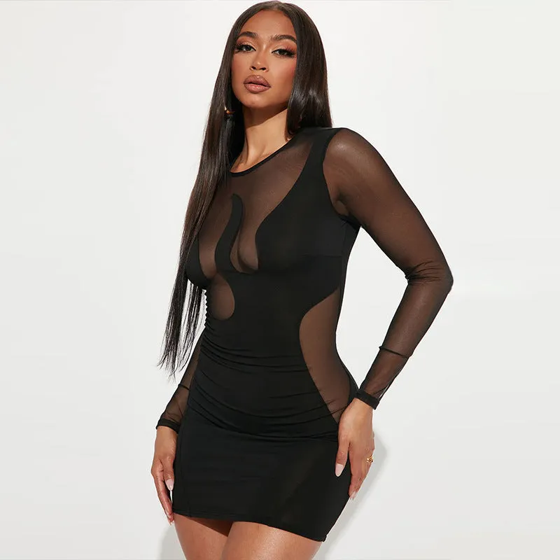 Fashionable Mesh Patchwork Hollow Out Long Sleeve Bodycon Maxi Dress