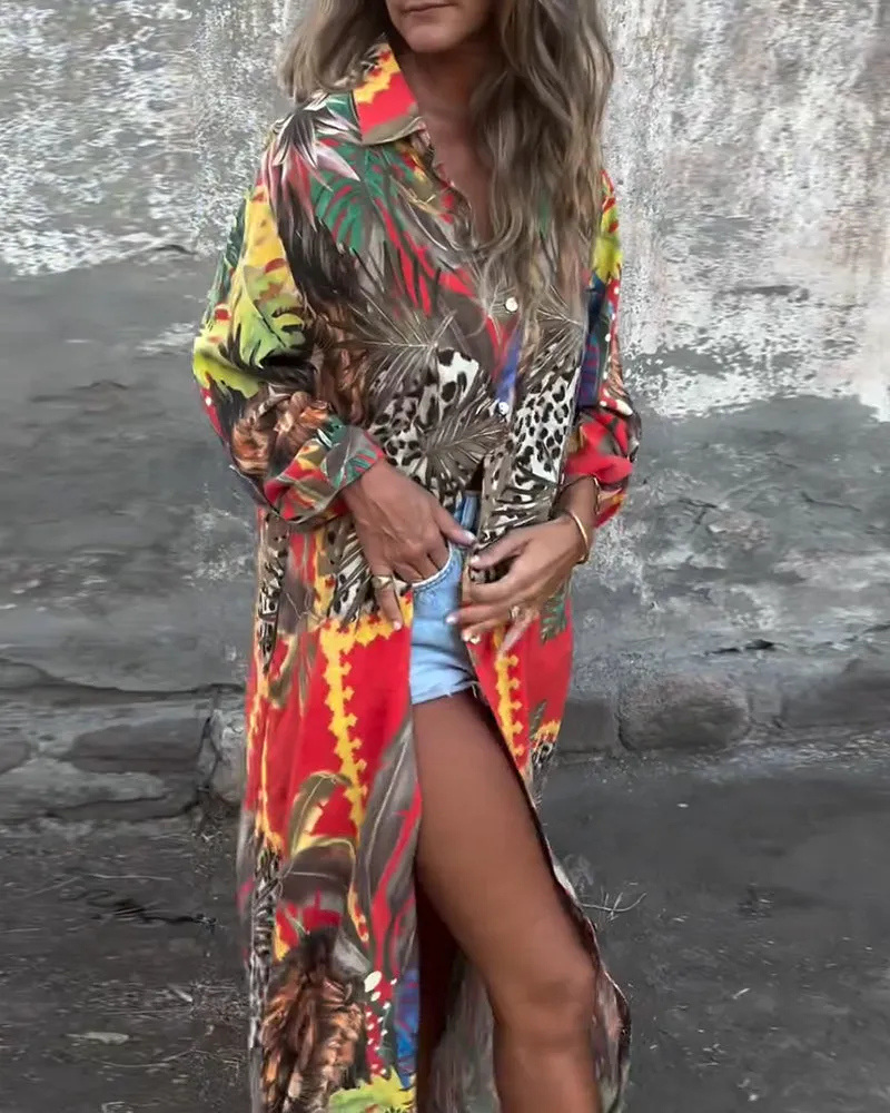 Fashionable Printed Button-Down Shirt Dress