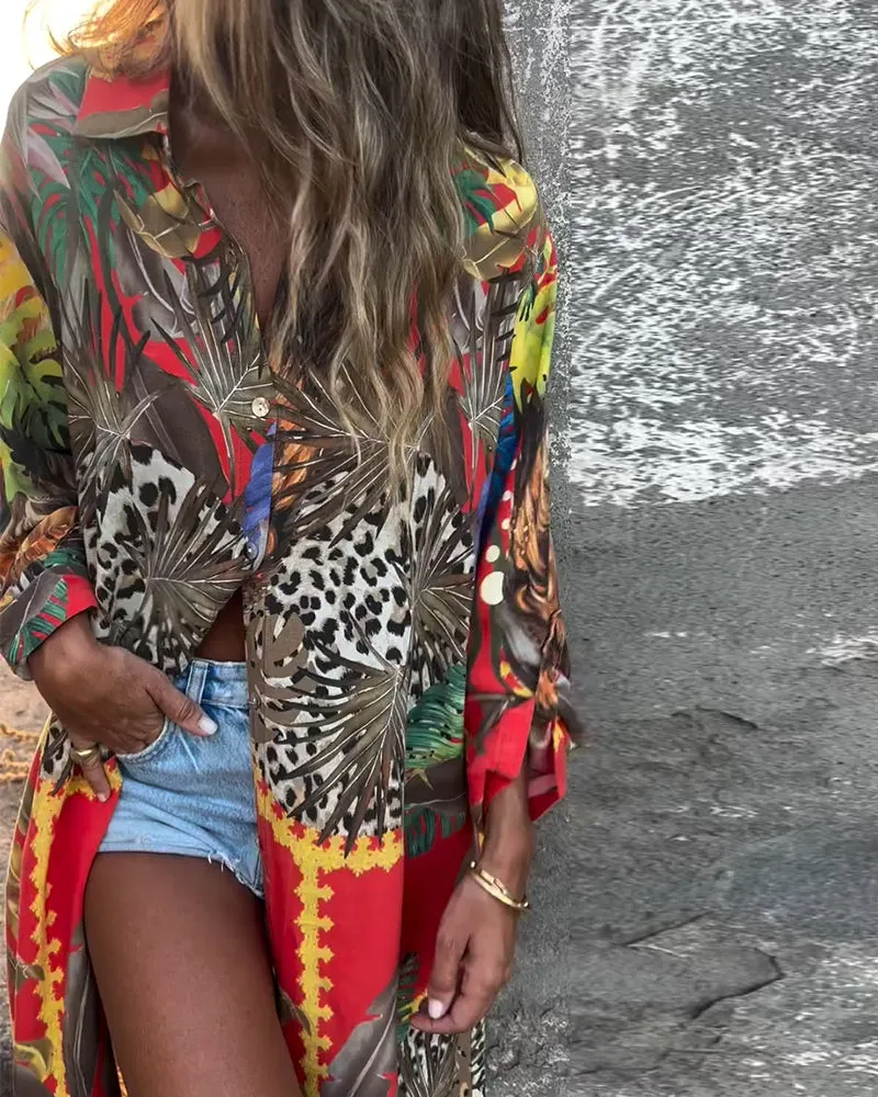 Fashionable Printed Button-Down Shirt Dress