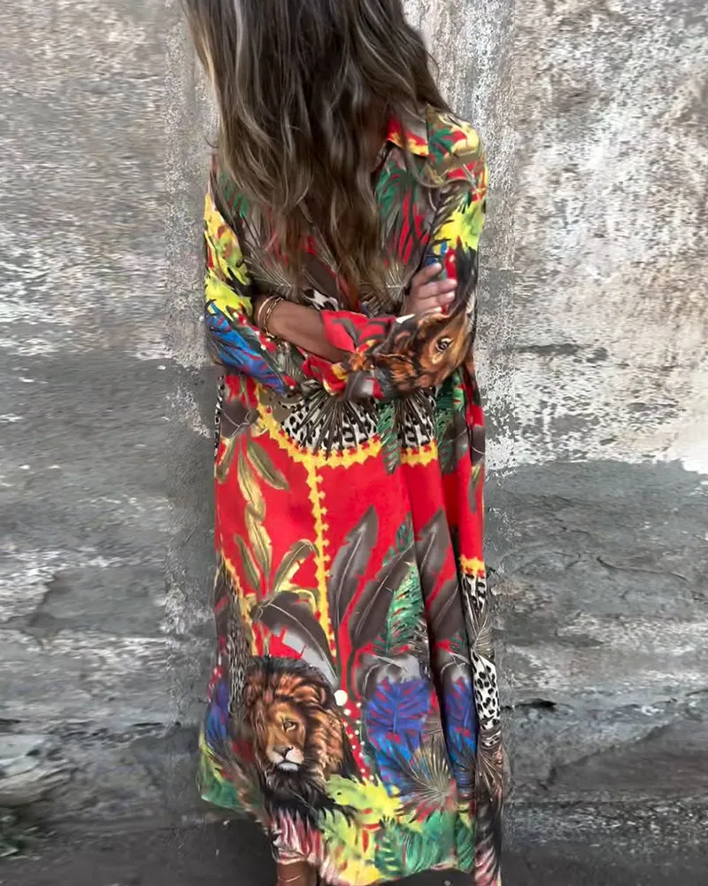 Fashionable Printed Button-Down Shirt Dress