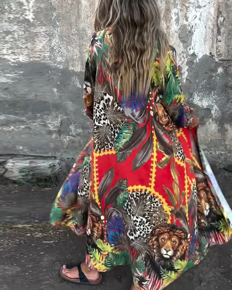 Fashionable Printed Button-Down Shirt Dress