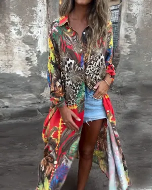 Fashionable Printed Button-Down Shirt Dress