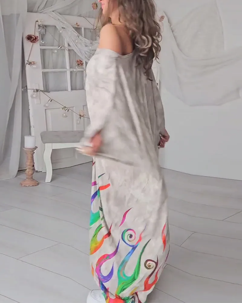 Fashionable printed off-shoulder pleated dress