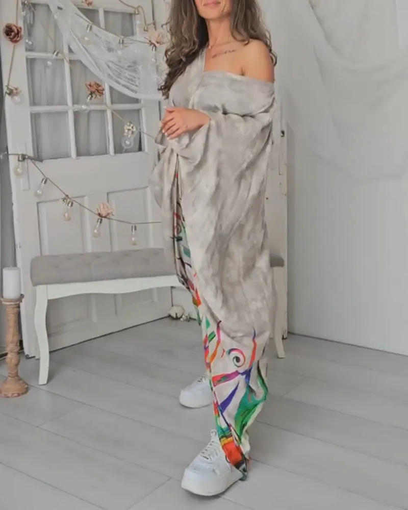 Fashionable printed off-shoulder pleated dress