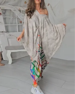 Fashionable printed off-shoulder pleated dress