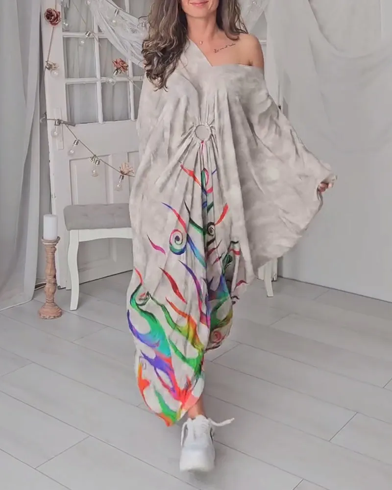 Fashionable printed off-shoulder pleated dress