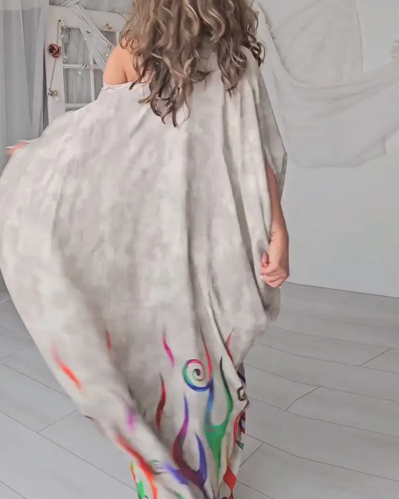 Fashionable printed off-shoulder pleated dress