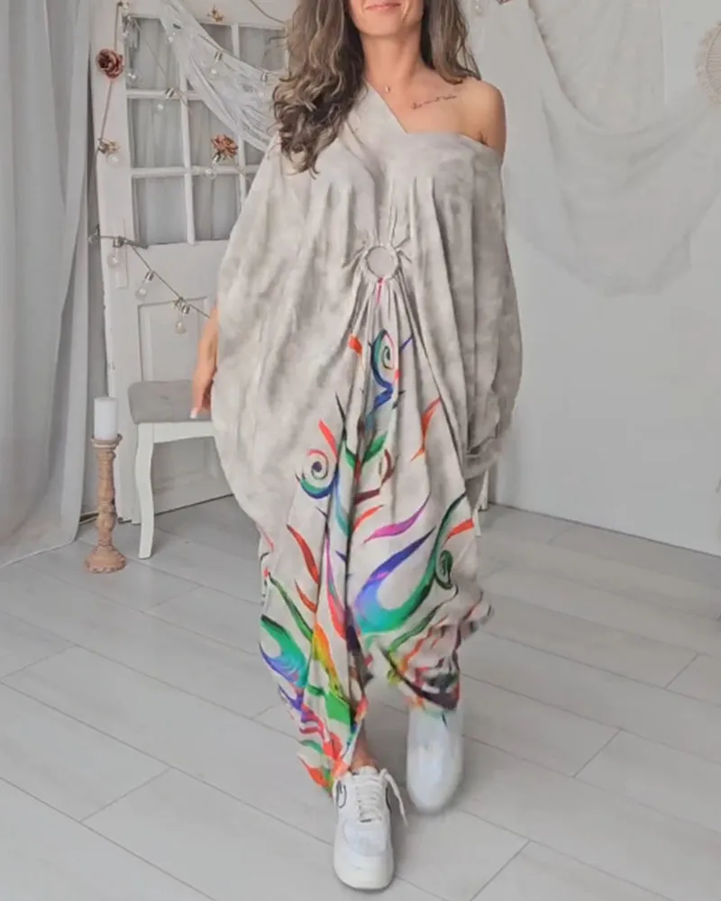 Fashionable printed off-shoulder pleated dress