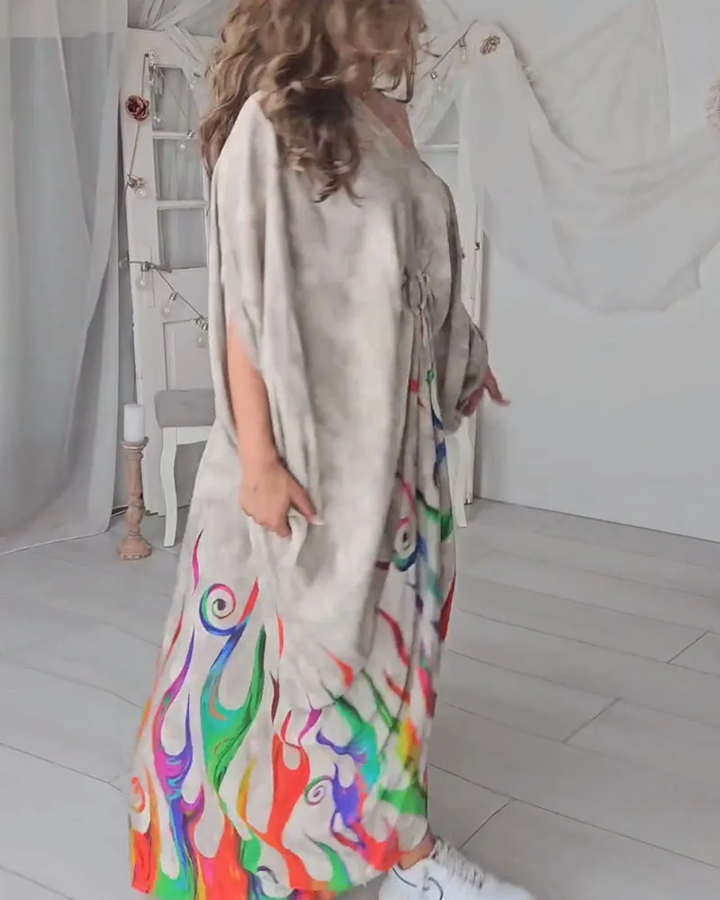 Fashionable printed off-shoulder pleated dress
