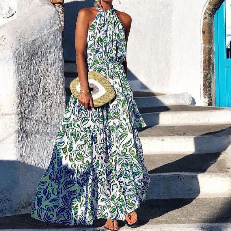 Fashionable Sleeveless Halter Vacation Print Dress