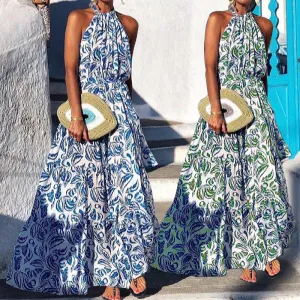 Fashionable Sleeveless Halter Vacation Print Dress