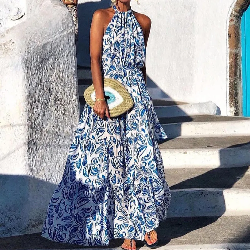 Fashionable Sleeveless Halter Vacation Print Dress