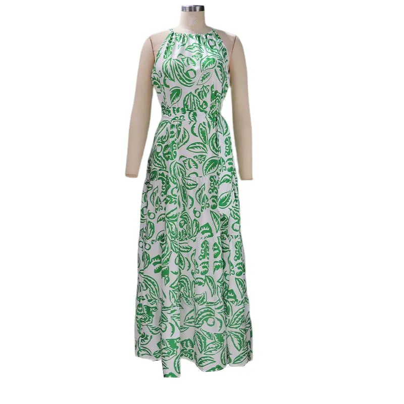 Fashionable Sleeveless Halter Vacation Print Dress
