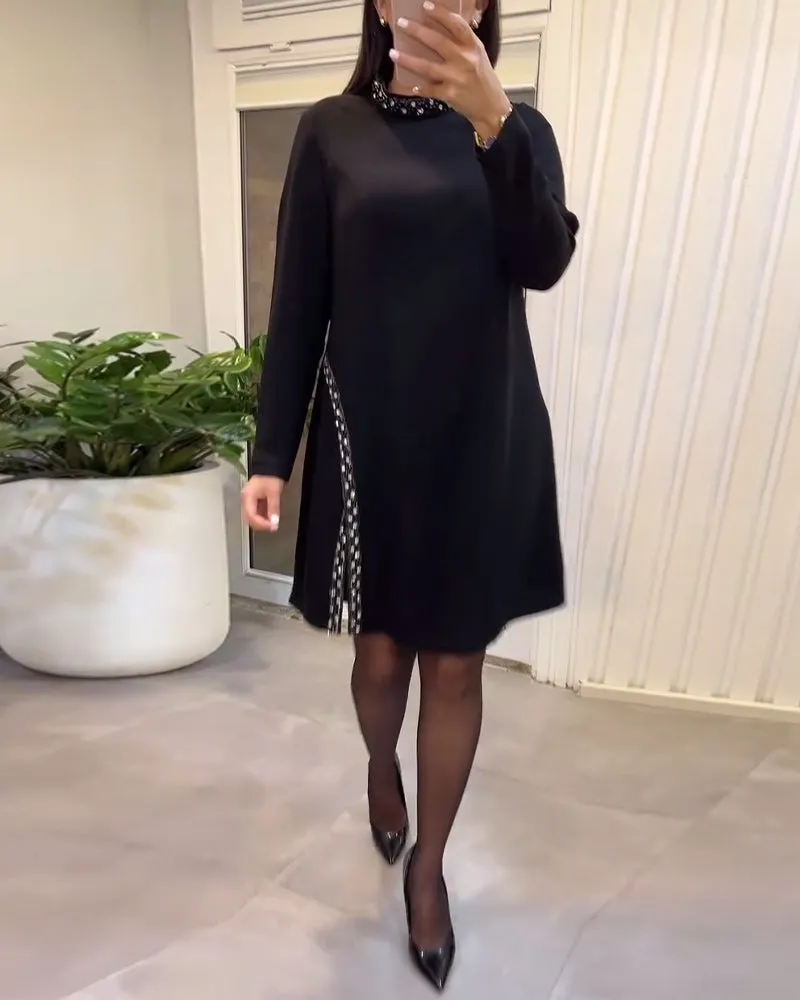 Fashionable Slit Sequined Solid Color Dress