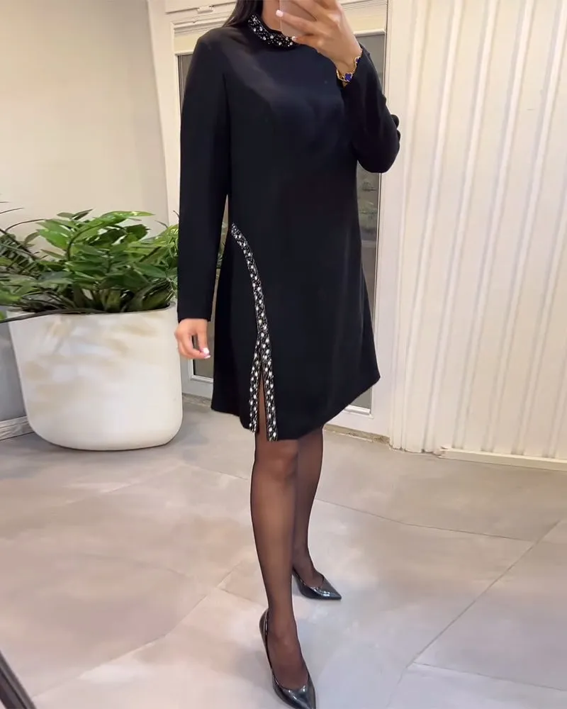 Fashionable Slit Sequined Solid Color Dress