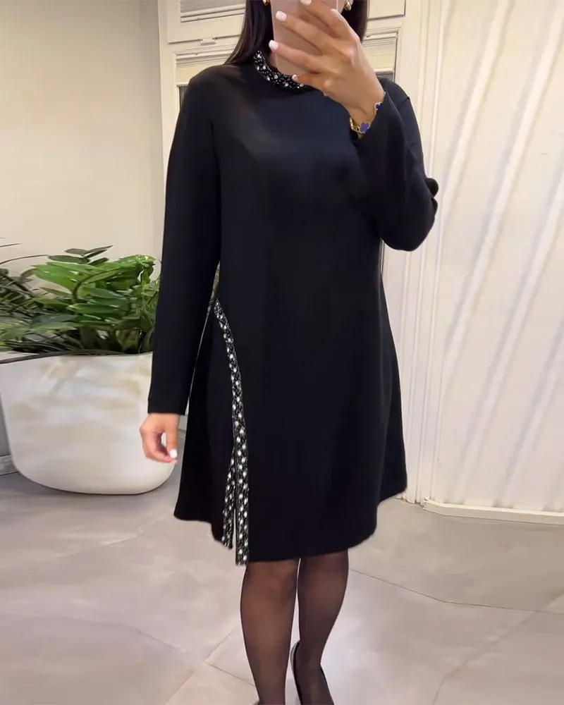 Fashionable Slit Sequined Solid Color Dress